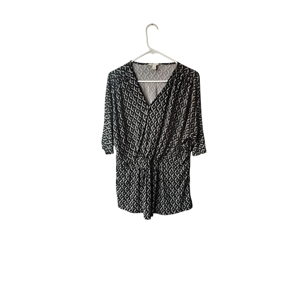 Cato Womens‎ Black White Geometric Diamond Print V-Neck Surplice Blouse Large
